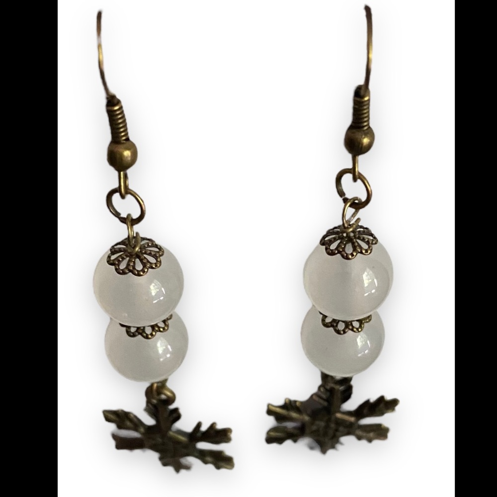 Hand Crafted Snowflake & Snow Ball Earrings Dangle Brass Holidays Pierced - Picture 6 of 8